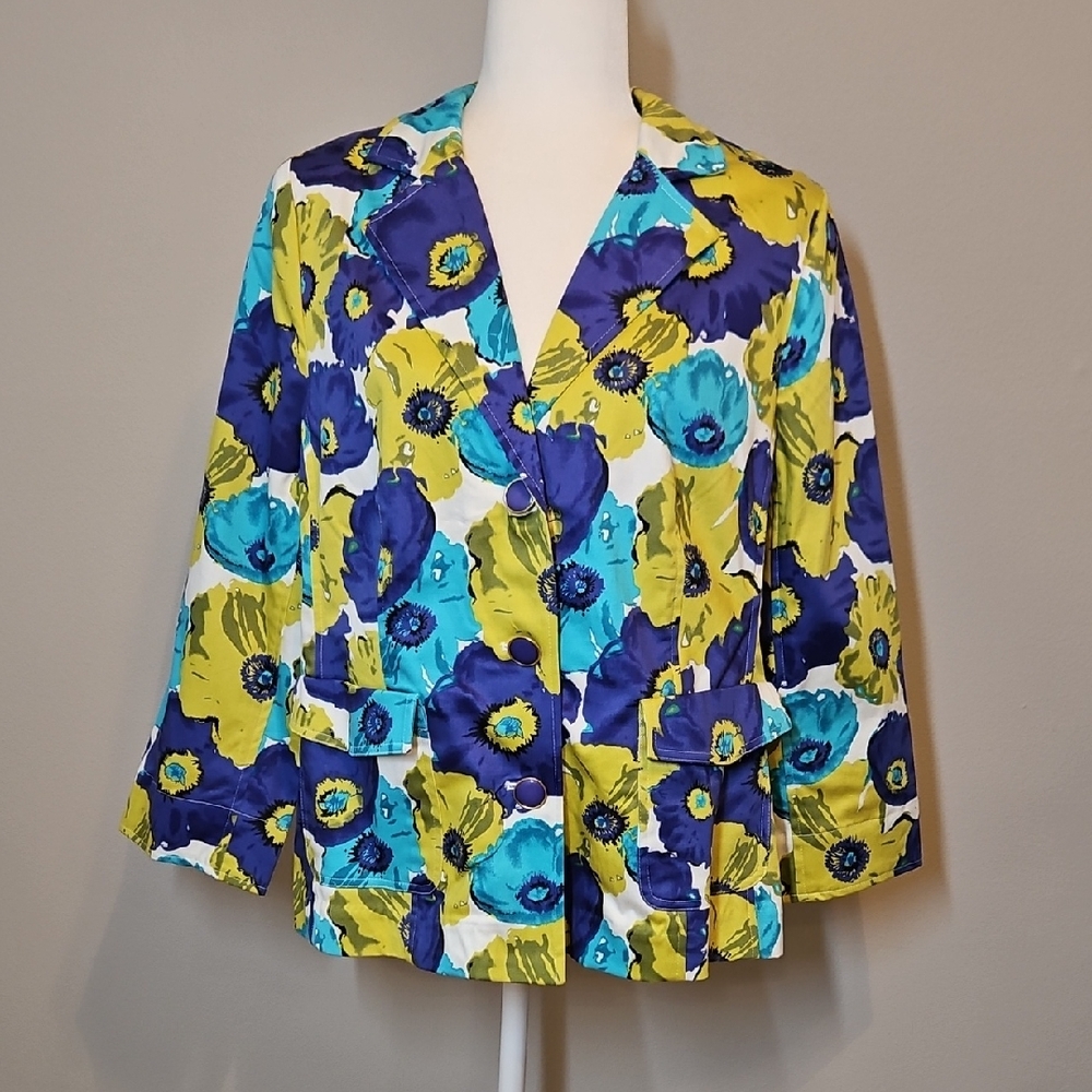 Joan Rivers Blue and Green Vibrant Floral Blazer Button Closure